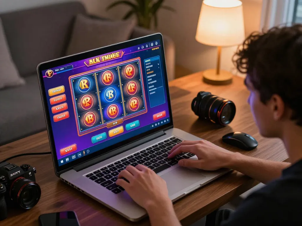 Player engaging with the boosterjp casino app on tablet, showcasing colorful slot choices in a cozy setting.