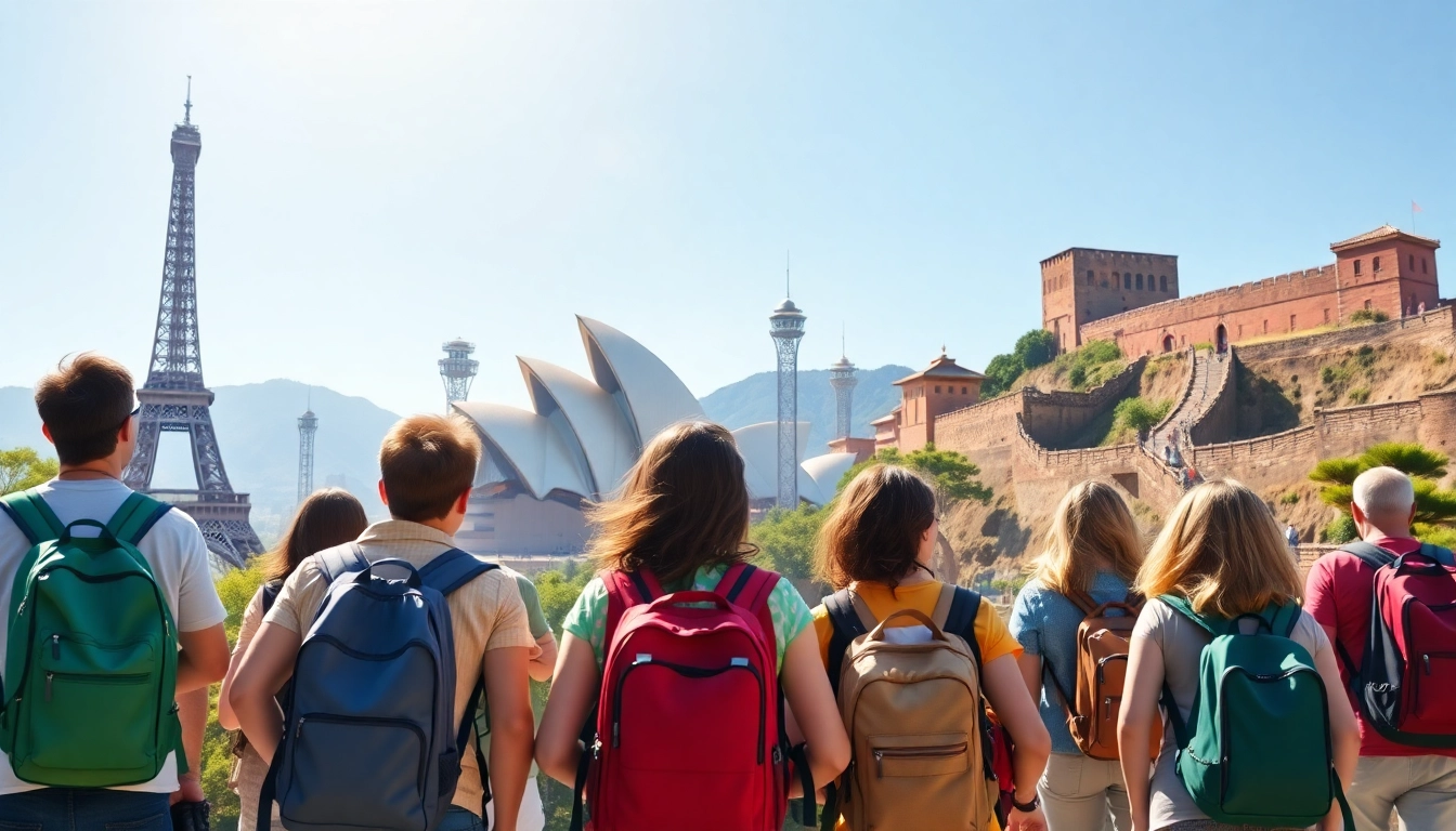 Travelers enjoying different round the world destinations with iconic landmarks