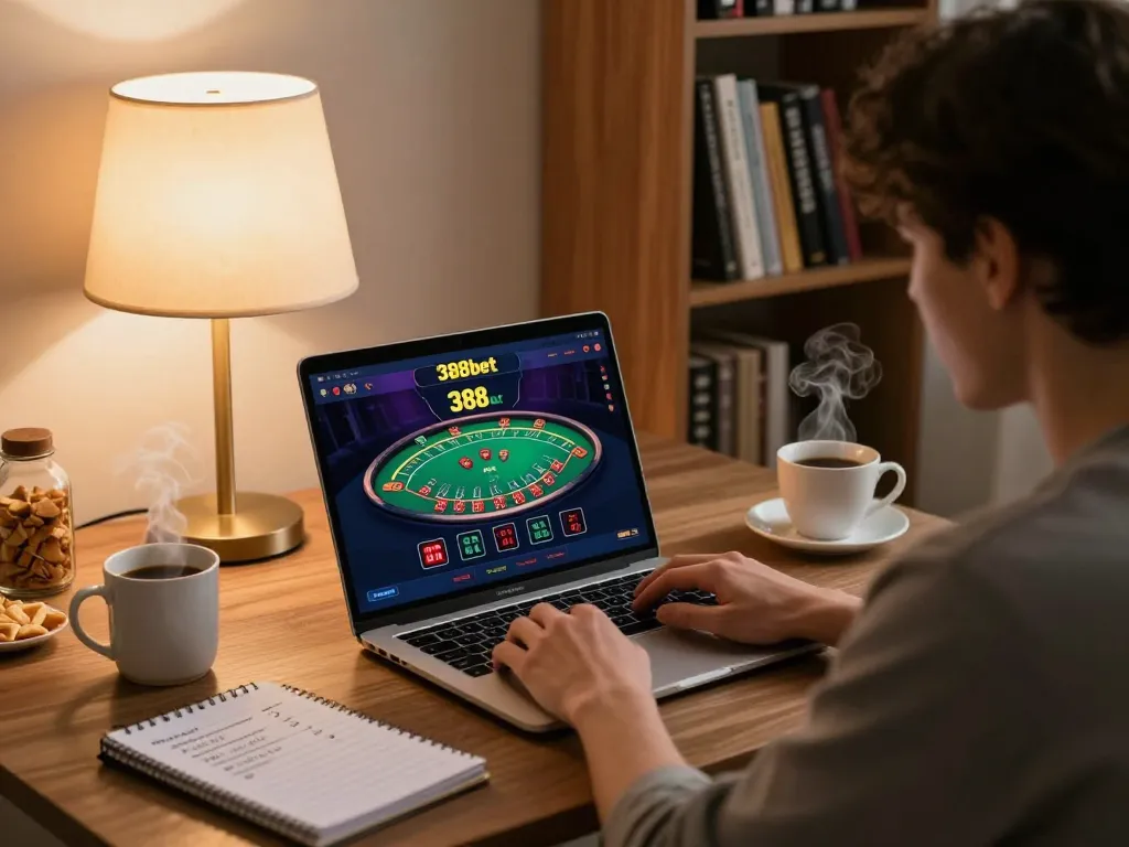 Player engaging with the 388bet online casino interface on a laptop in a cozy home setting while enjoying snacks.