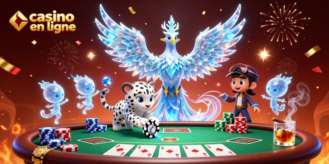 Jouez au casino en ligne avec cette illustration dynamique des jeux et personnages animés.