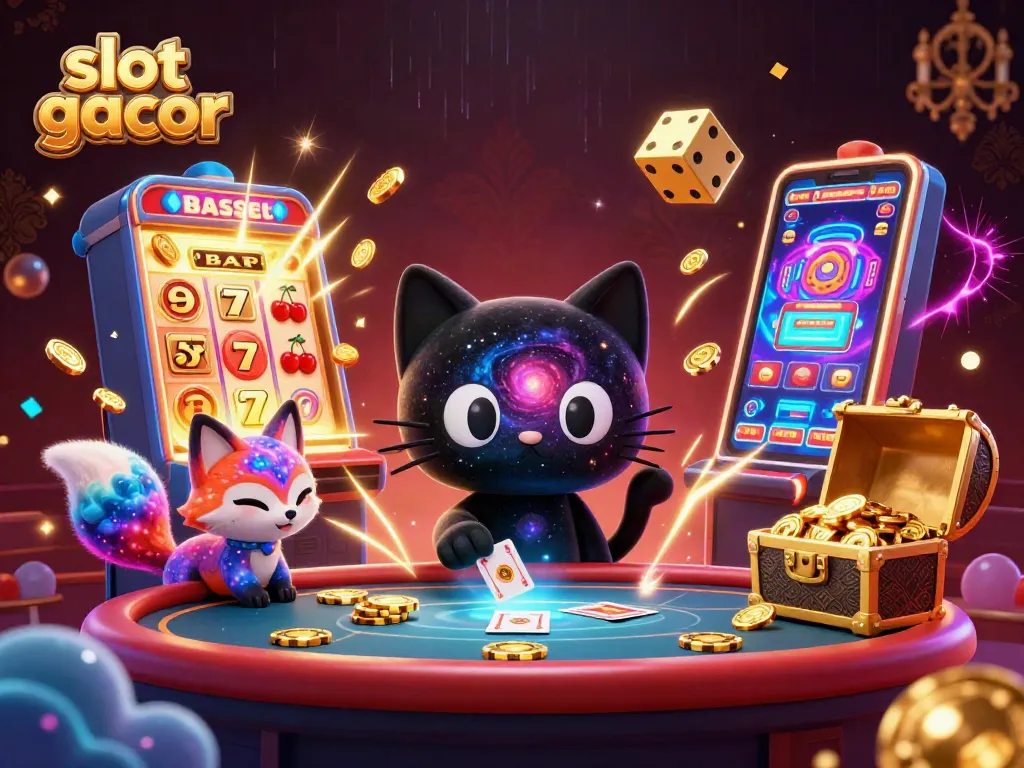 Experience thrilling slot gacor action with a cosmic black hole cat and nebula fox in a vibrant casino.