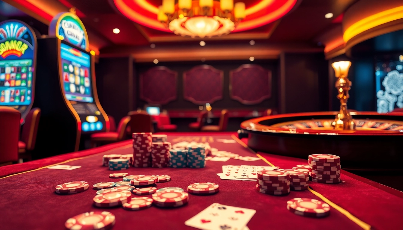 Players gambling at a luxurious casino table featuring LC 88, vibrant chips, and colorful slot machines.