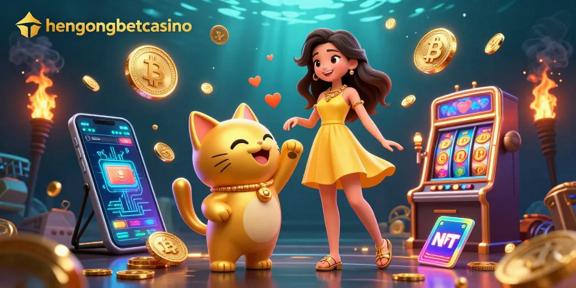 Win big at hengongbetcasino with a cheerful Asian woman and lucky cat among shining coins and gaming elements.