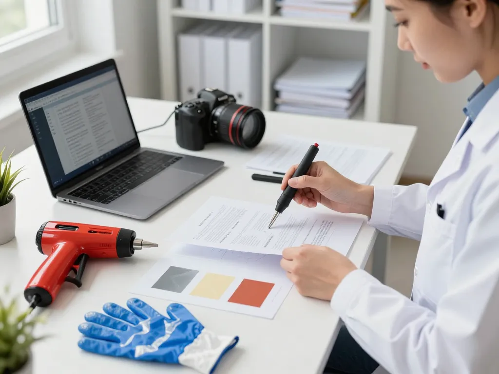 Bóc ép plastic expertly handled by technician in a modern office, showcasing specialized tools and documents.