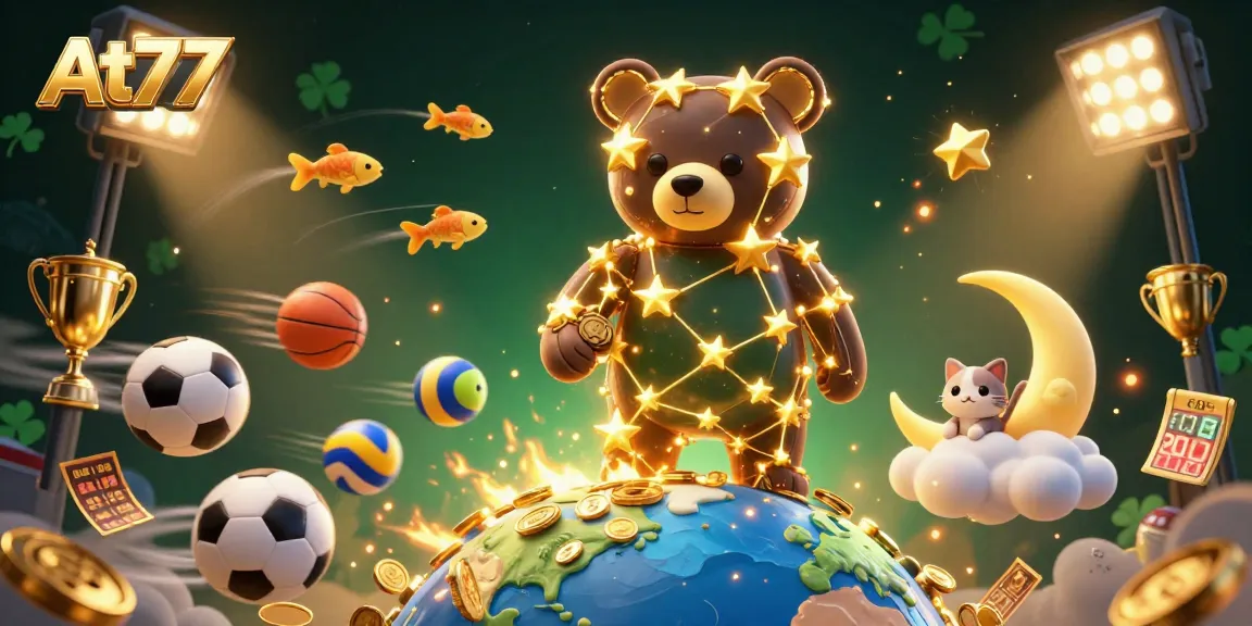 At77 showcases thrilling gameplay with a constellation bear, sports elements, and golden trophies.