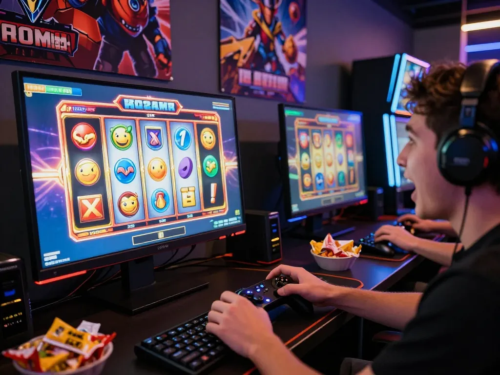 Pemain menikmati permainan situs slot gacor dengan mesin slot digital yang cerah dan peralatan bermain di lingkungan yang imersif.