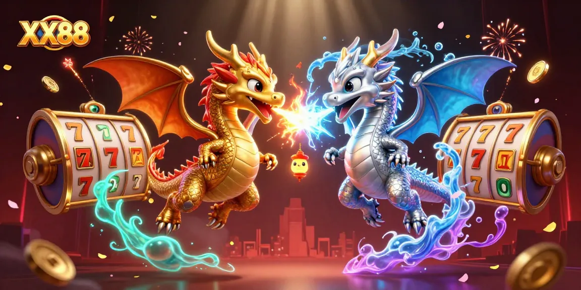 Experience thrilling moments with XX88’s slot reels, gold coins, and dynamic dragons in a vibrant casino scene.