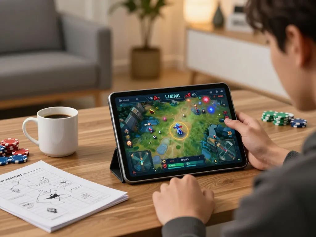 Player focusing on Liêng Là Gì game strategy on tablet, surrounded by notes and coffee, in inviting home setup.