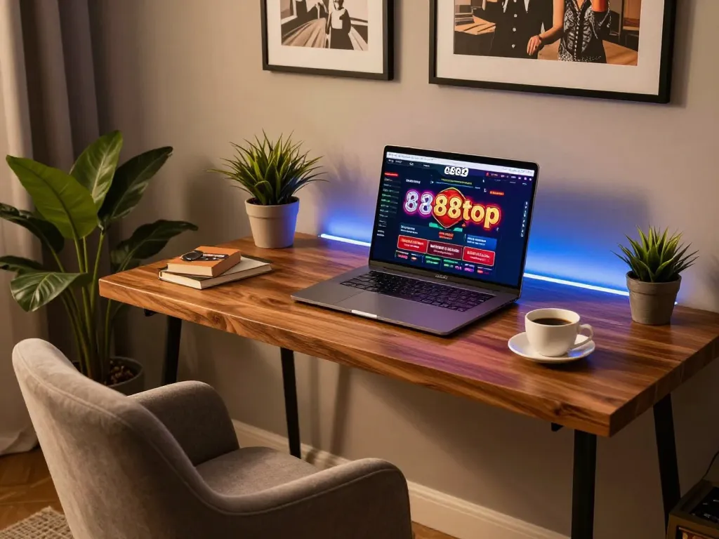 Engaging online gaming moment at 888top casino setup, highlighting a sophisticated desktop with vibrant interface.