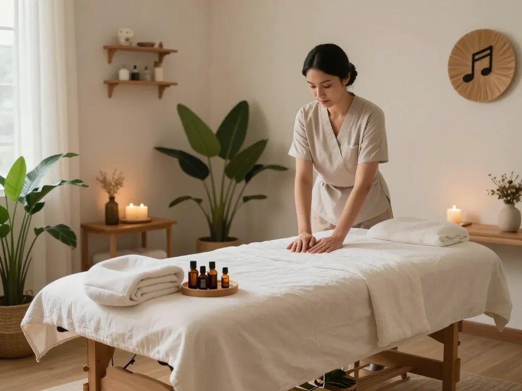 Swedish massage therapy room featuring soft linens, essential oils, and calming decor for ultimate relaxation.