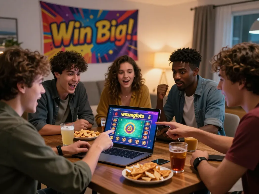 Friends excitedly engaging with the wraungtoto gaming platform in a cozy living room.