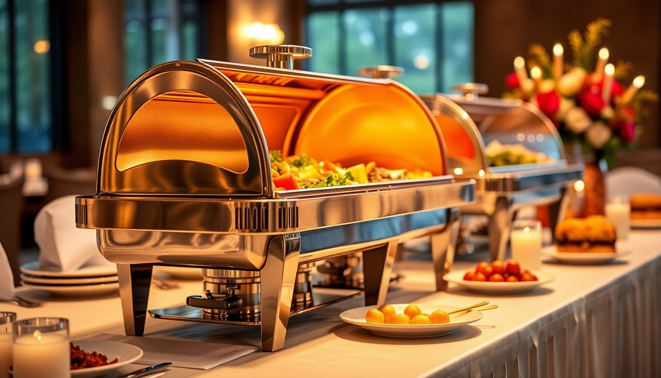 A stylish chafing dish displaying gourmet food, ideal for festive events and culinary showcases.