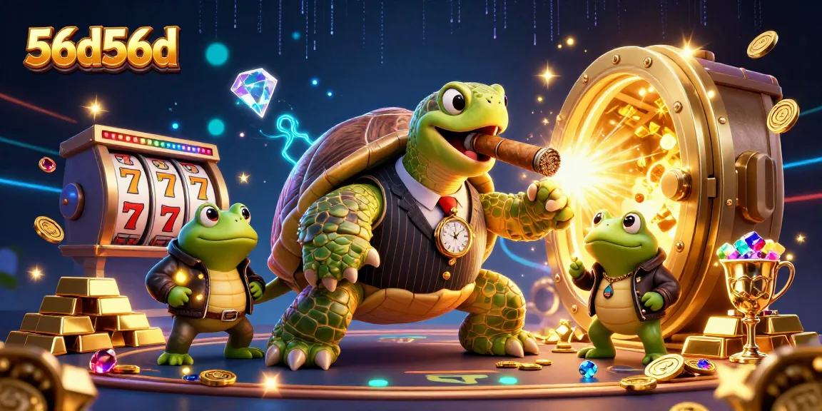 Join the high-stakes action with 56d56d featuring a mobster turtle and lucky frogs in a vibrant casino scene.