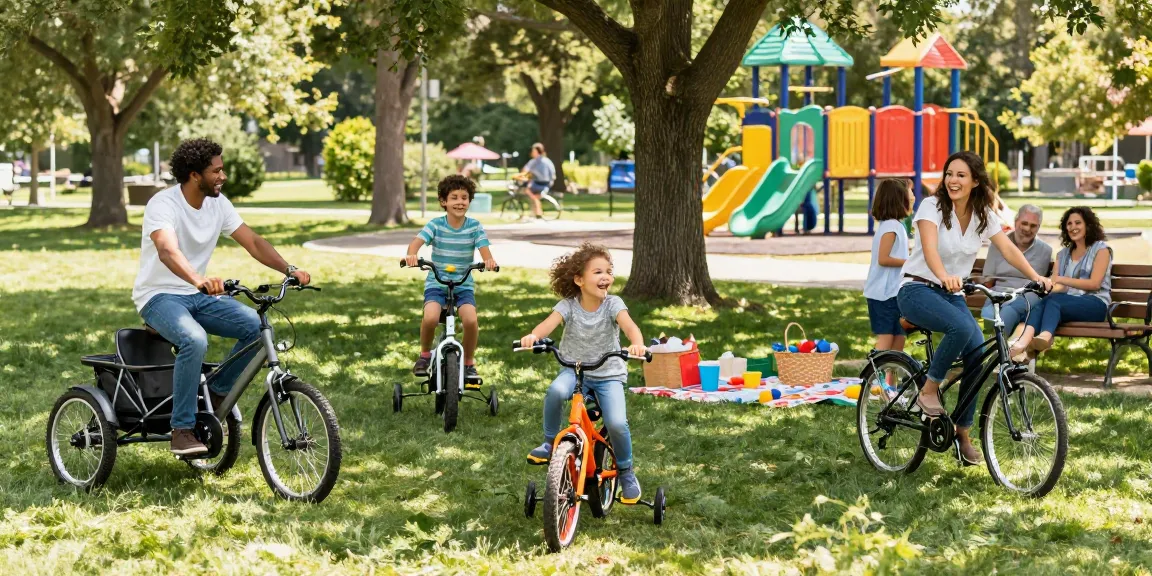 Family riding different tricycles in a park on a sunny day.