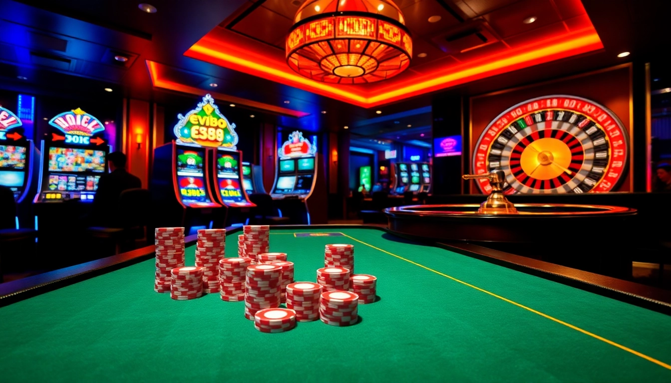 Experience the excitement of EV88 nét with poker chips and roulette wheels in a luxurious casino setting.
