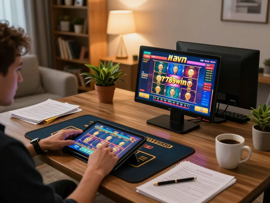 Player enjoying the 789win game on a tablet in a cozy home setting with warm lighting