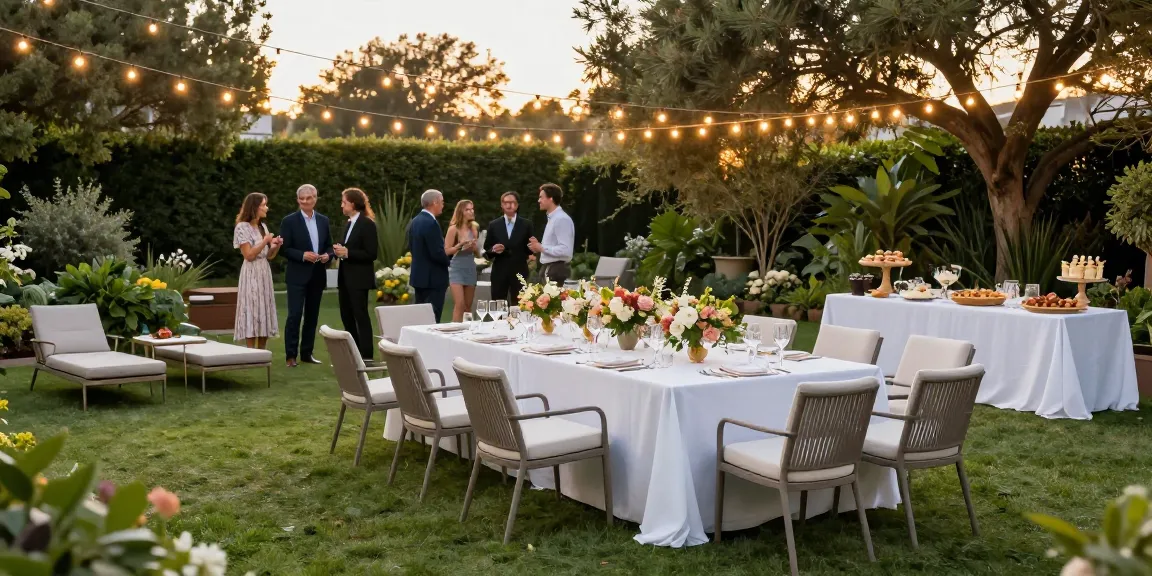 Event furniture rental setup featuring elegant outdoor lounge and dining spaces.
