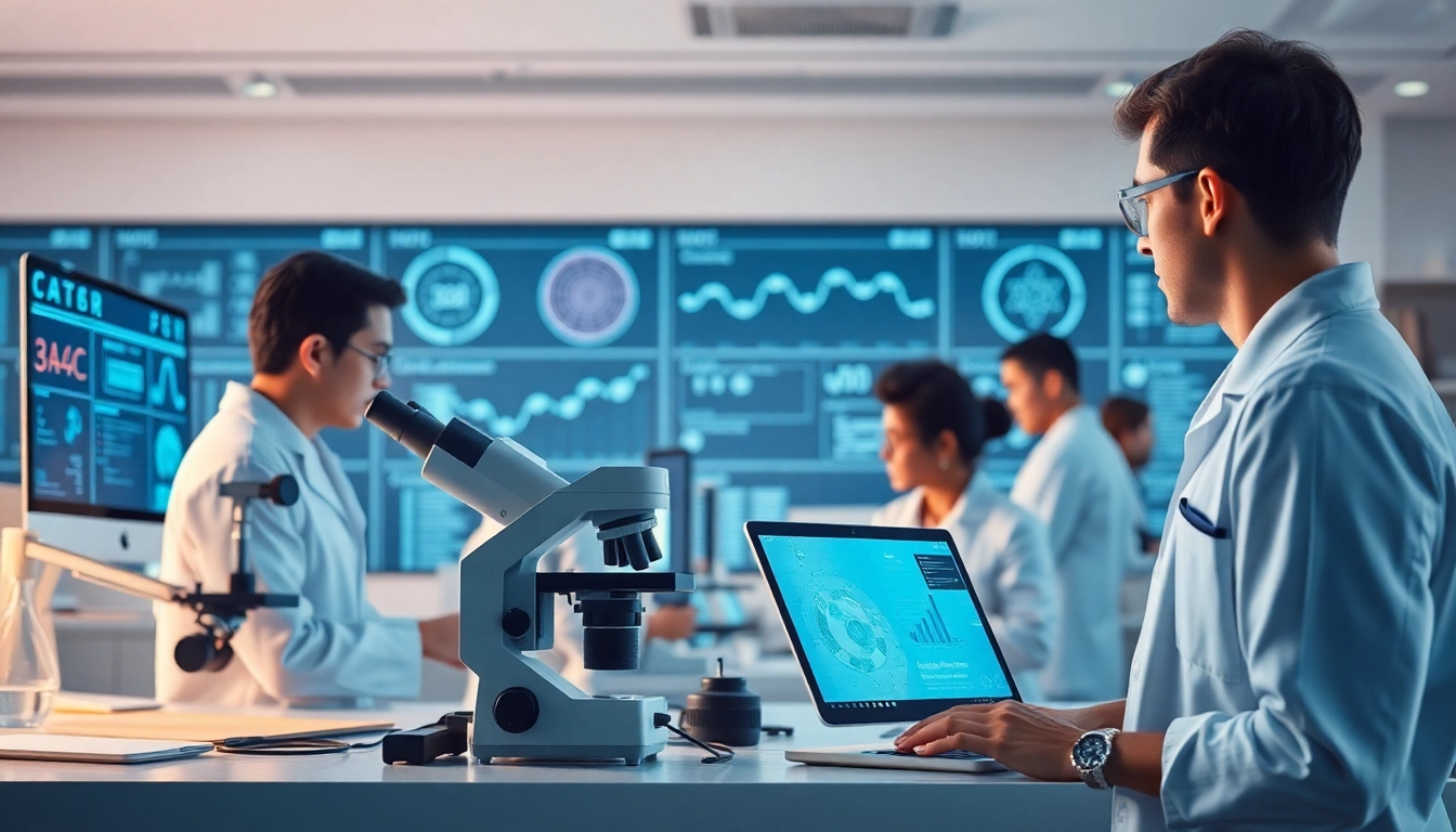 Laboratório inovador apresentando novidades e teorias interessantes com cientistas engajados em pesquisa e tecnologia avançada.