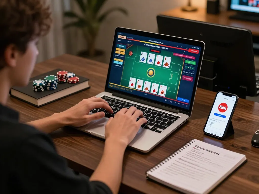 A player immerses in live dealer blackjack on 88clb, showcasing an engaging online gaming setup with strategic notes and smartphone.