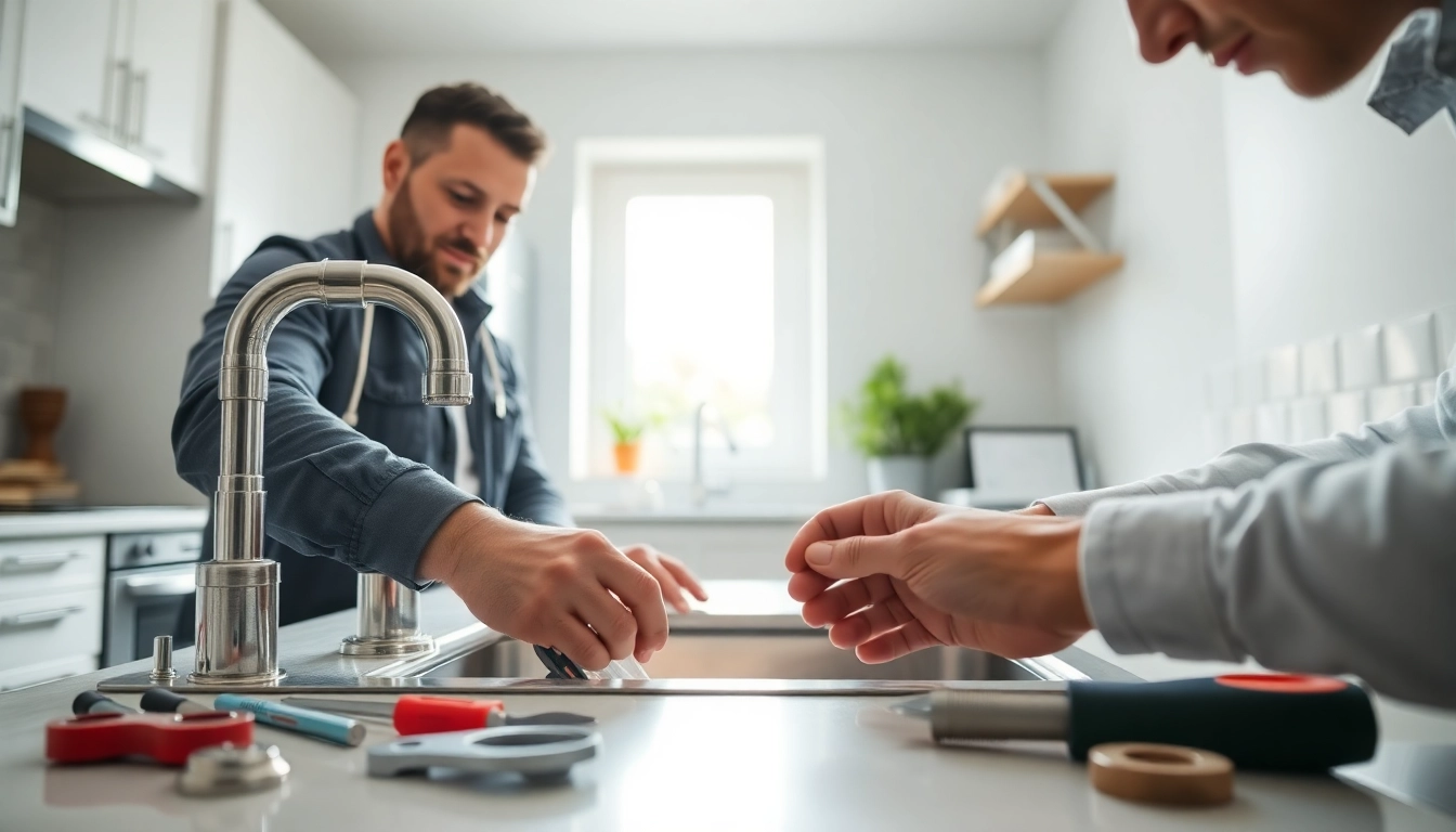 Skilled plumber repairing plumbing fixtures in a modern kitchen, showcasing expertise and professionalism.