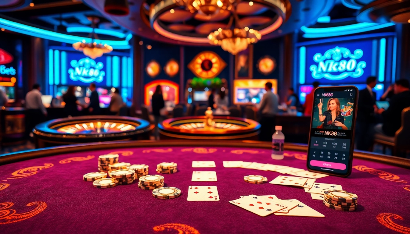 Experience high-stakes excitement at an NK88 casino table with vibrant poker chips and cards.