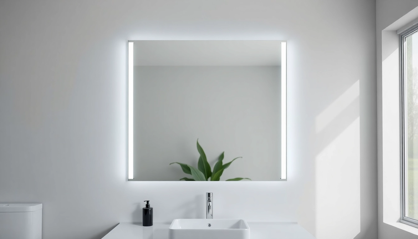 Reflect stunning elegance of bathroom mirror featuring LED lights in a modern setting.