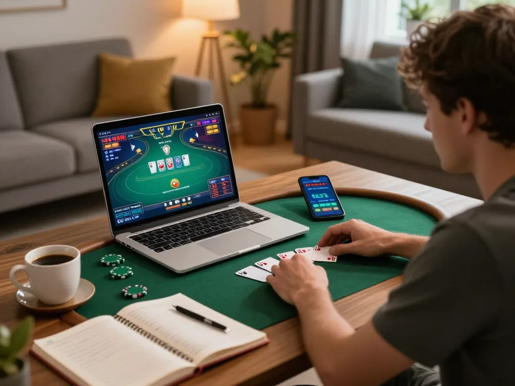 Engaging online poker game on a laptop with c168 strategies visible, enhancing the gaming experience.