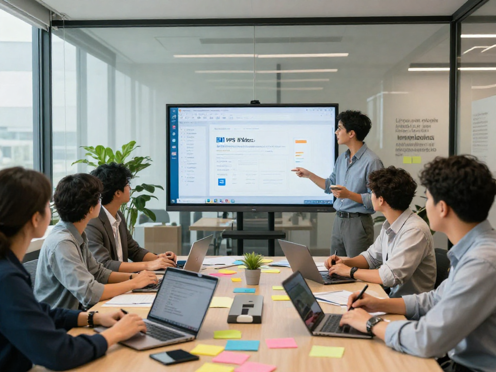展示WPS中文办公软件下载的新型办公会议场景，团队成员积极协作，使用现代设备。