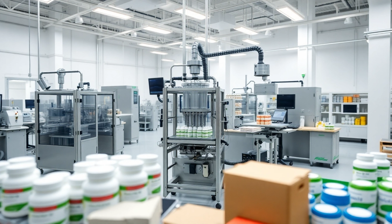Showcase of private label supplement manufacturer uk highlighting clean manufacturing processes and equipment.