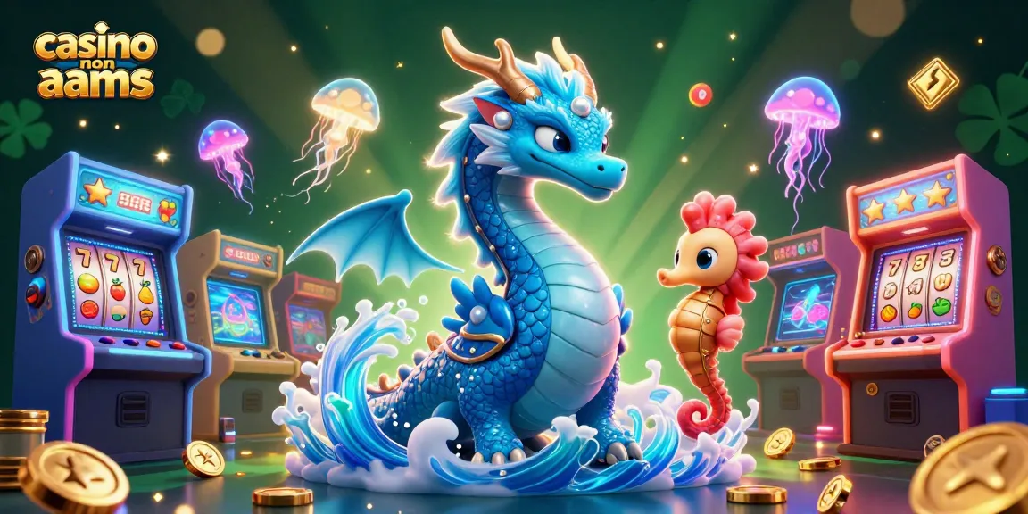 Gioca e vinci nei casino non aams con una scena vivace che presenta un drago 3D, un cavaliere cavalluccio marino e slot colorate.