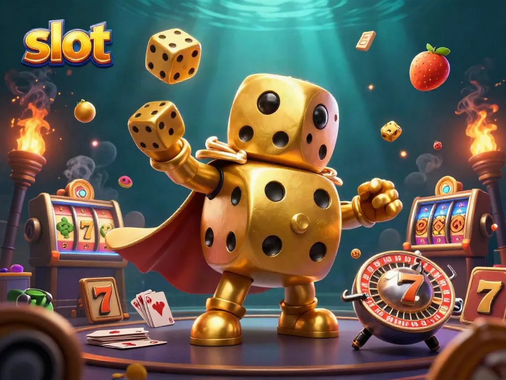 Menang di slot dengan golem dadu emas yang menjuggling simbol peluang, menampilkan suasana kasino yang meriah.