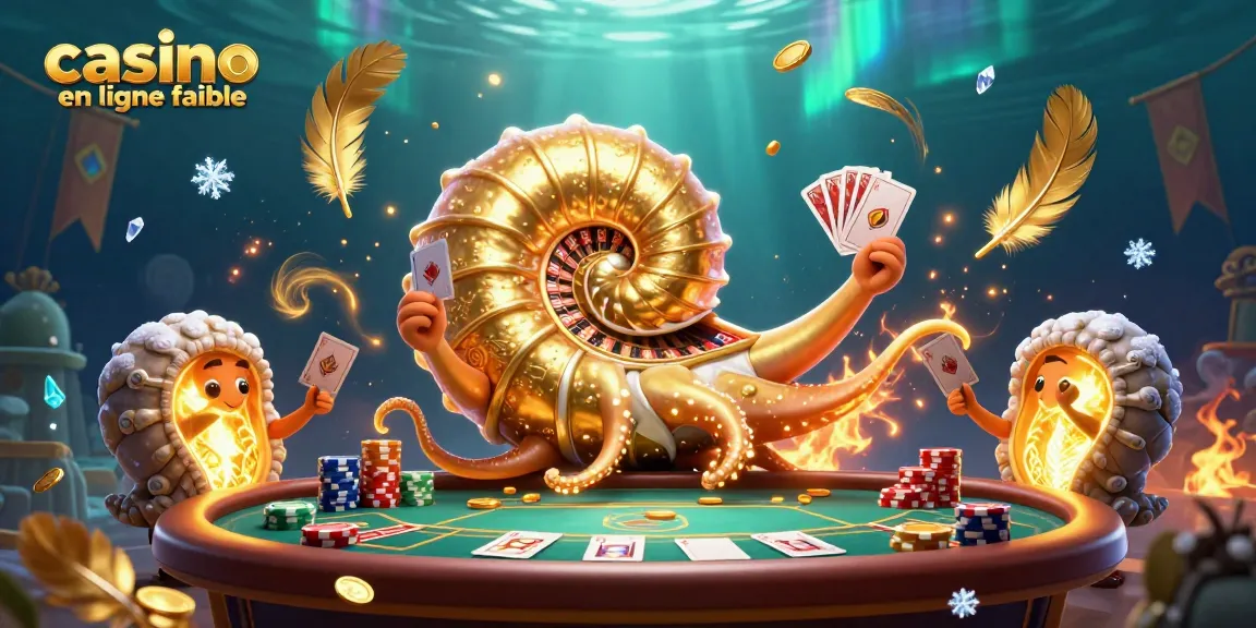 Jouez à des jeux sur un casino en ligne fiable avec un nautilus majestueux, des cartes et des jetons scintillants.