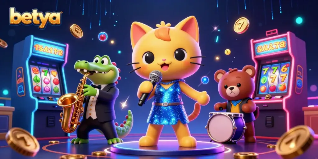 Experience exciting gameplay at betya with a jazzy casino illustration featuring lively characters.