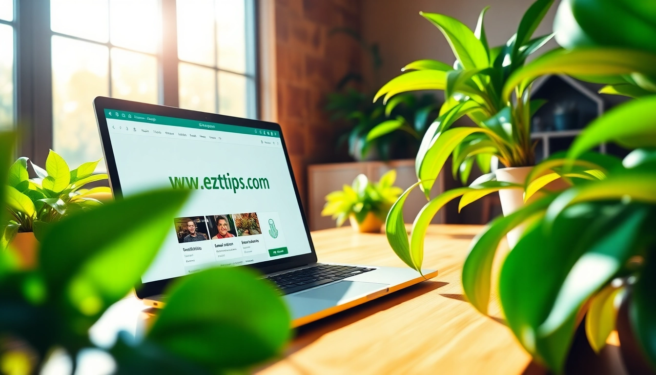 View of a laptop displaying https://eztips.com, set in a vibrant workspace with greenery.