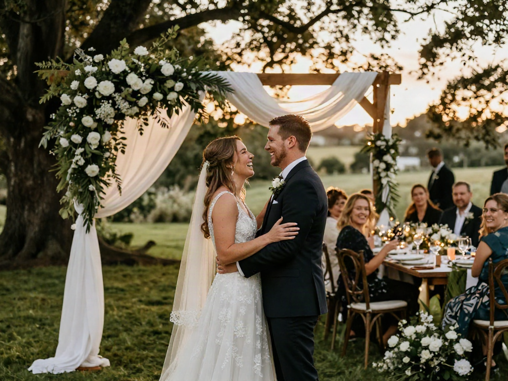 Documentary wedding photographer in Dunedin captures a candid moment between bride and groom at an outdoor wedding venue.