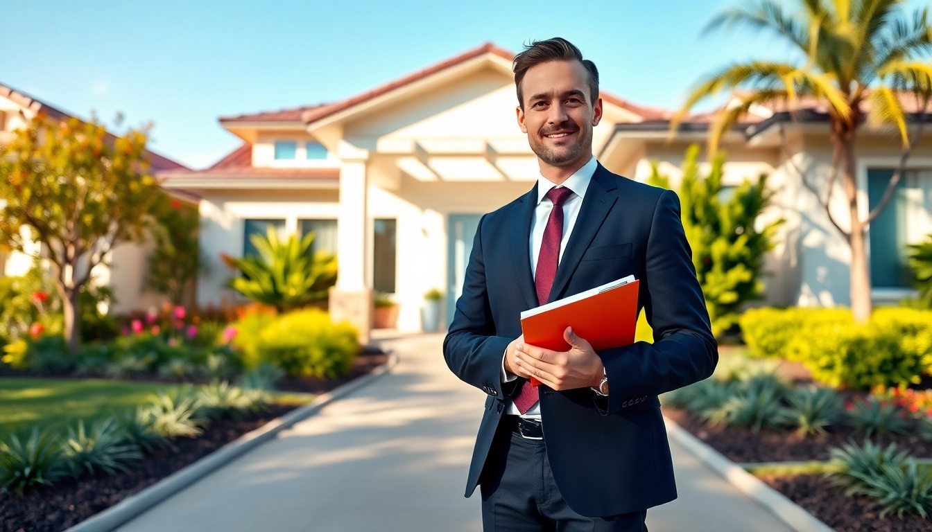Real Estate agent engaging with clients in front of a stylish home.
