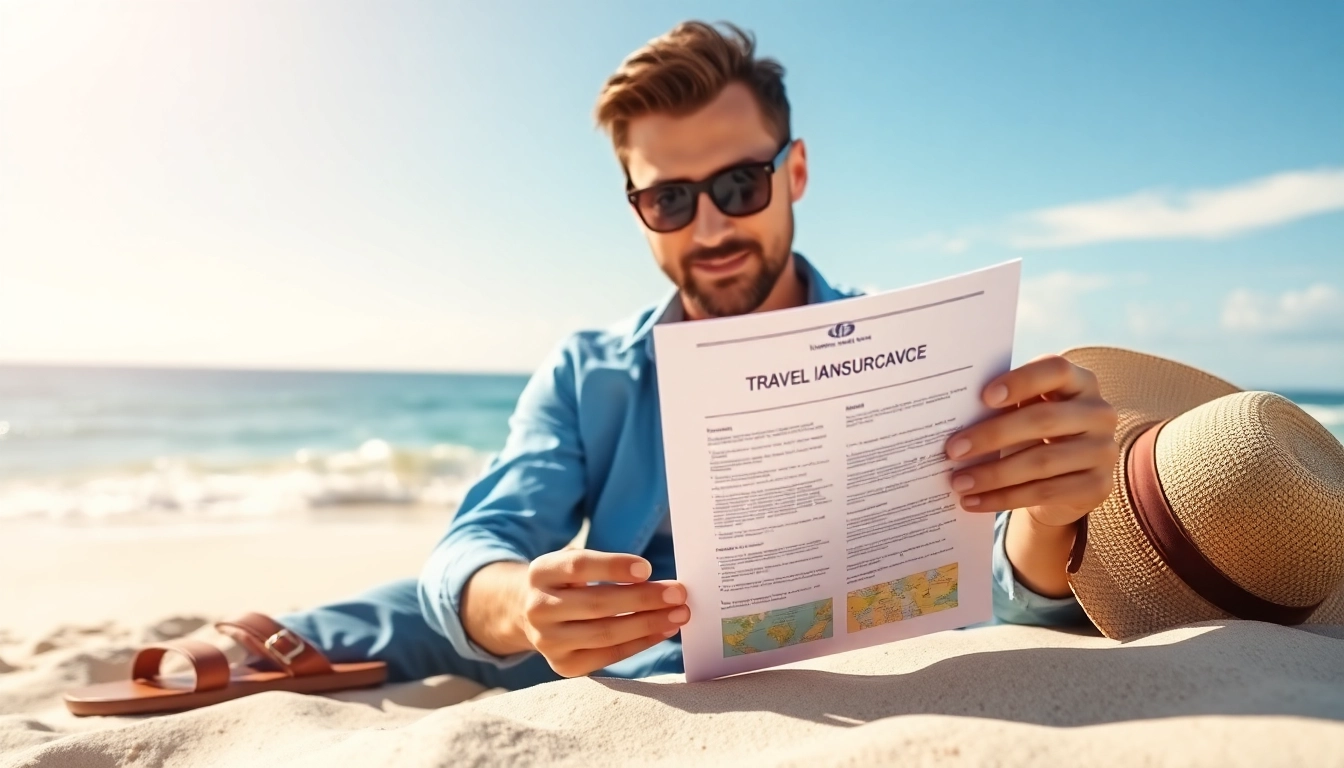 Traveler reviewing travel insurance cover on a sunny beach with ocean backdrop.