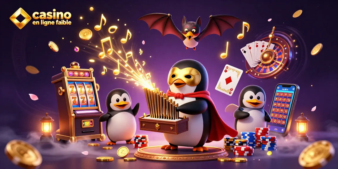 Profitez d'une expérience de jeu immersive avec un casino en ligne fiable. Un pingouin jouant un orgue entouré de pièces d'or et de symboles gagnants.