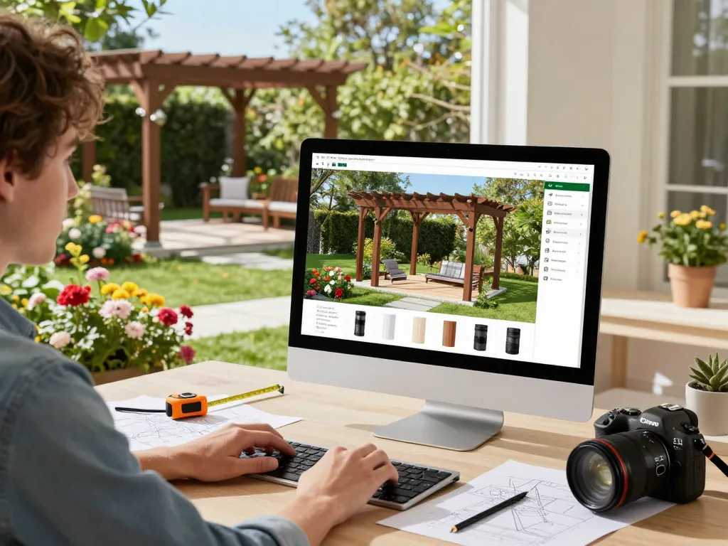 Utilisation du configurateur pergola en ligne pour créer un design de pergola personnalisé, avec un jardin vibrant et un espace de travail lumineux.