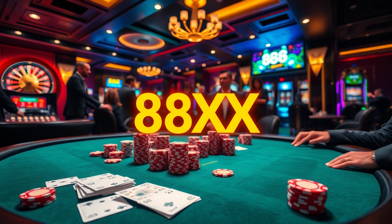 Exciting poker game at 88XX casino with vibrant chips and cards in a lively atmosphere.