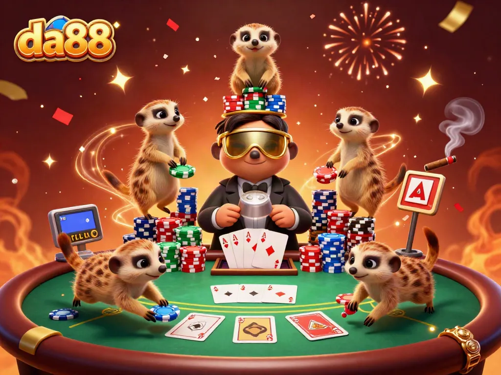 da88 meerkats running a vibrant casino, showcasing poker chips and card games.