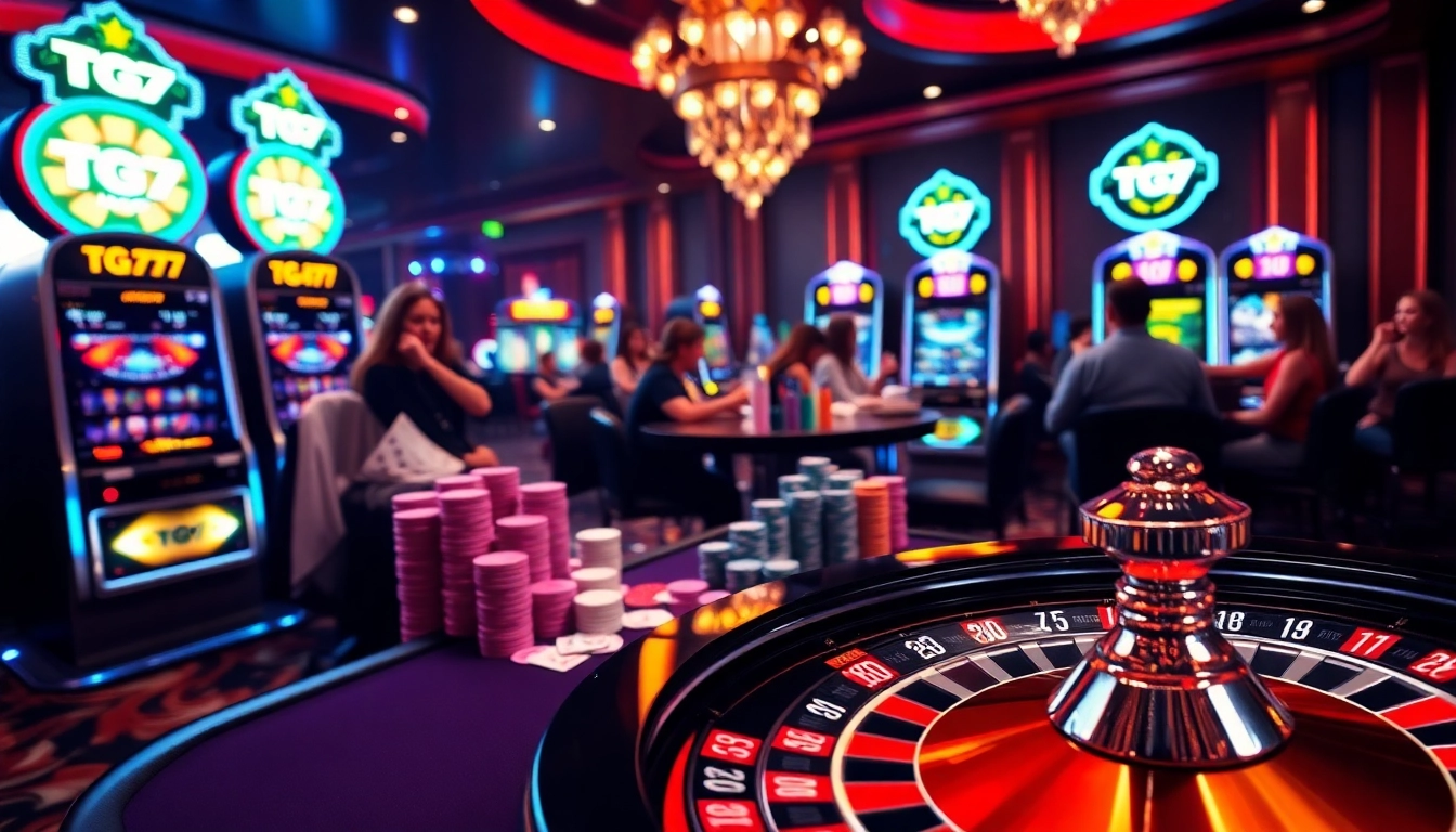 Players enjoying exciting games at TG777 online casino with poker cards and vibrant chips.