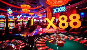 Experience the excitement of XX88 with players engaged in thrilling table games, shining slot machines, and dynamic roulette.