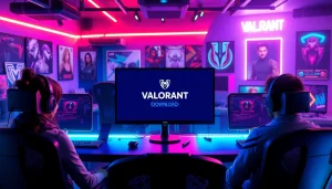 Download the game Valorant from a vibrant gaming setup featuring enthusiastic players.
