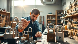 Locksmith demonstrating skills with features of https://www.dakenlocks.com visible in a detailed workshop setting.