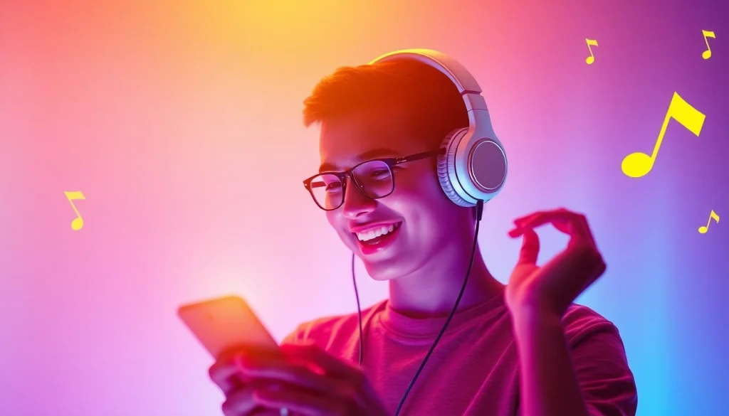 Experience MP3 downloads with a person enjoying music through headphones and a smartphone in a vibrant setting.