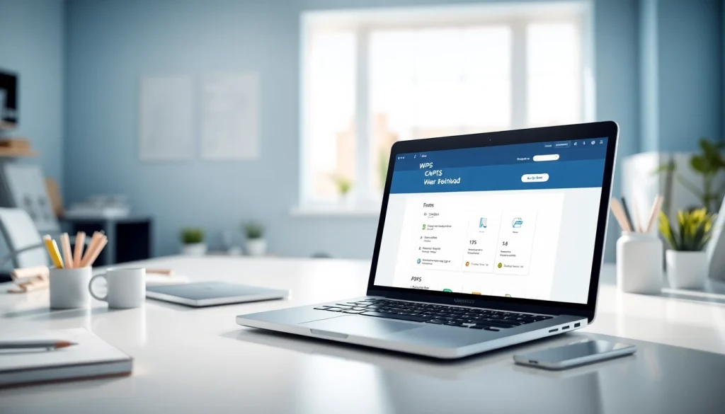 Downloading WPS官网下载 software on a sleek laptop in a bright office setting.