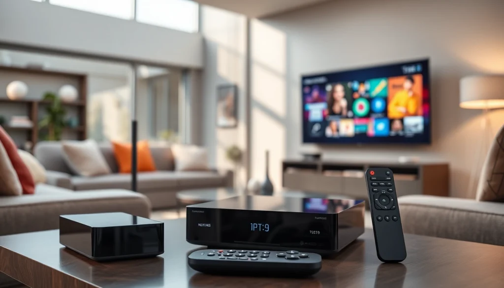 Bekijk de hoogwaardige IPTV-apparaten van https://satdeal.nl in een stijlvolle woonkamer.