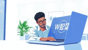 User interacting with WPS官网下载 on a laptop in a modern workspace, promoting productivity.