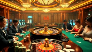 Experience the excitement of Nhà cái MM88 in an elegant casino atmosphere, showcasing poker tables and roulette.